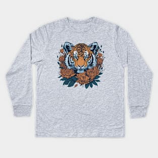 Tiger head with flowers and foliage t-shirt design, apparel, mugs, cases, wall art, stickers, water bottle T-Shirt T-Shirt Kids Long Sleeve T-Shirt